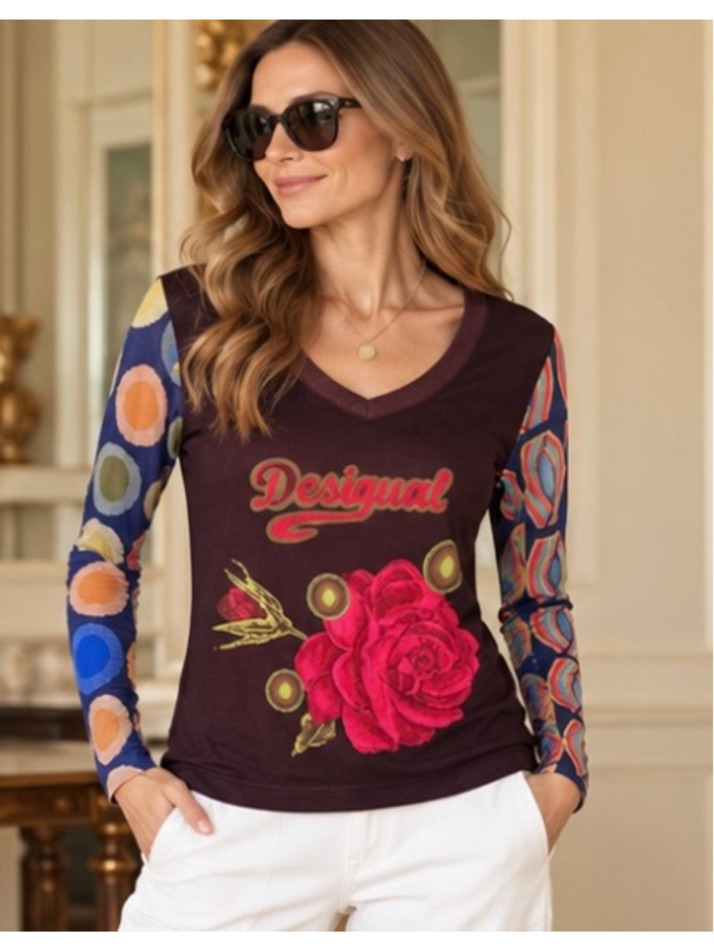 Women's Desigual Long Sleeve Tee Burgundy Floral Print Size L